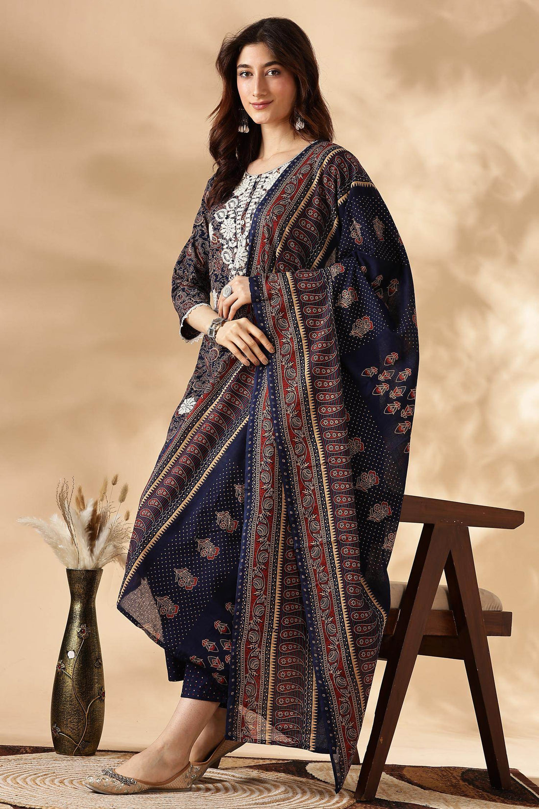 Embroidered Cotton Navy Kurta Set with Dupatta - BulBul