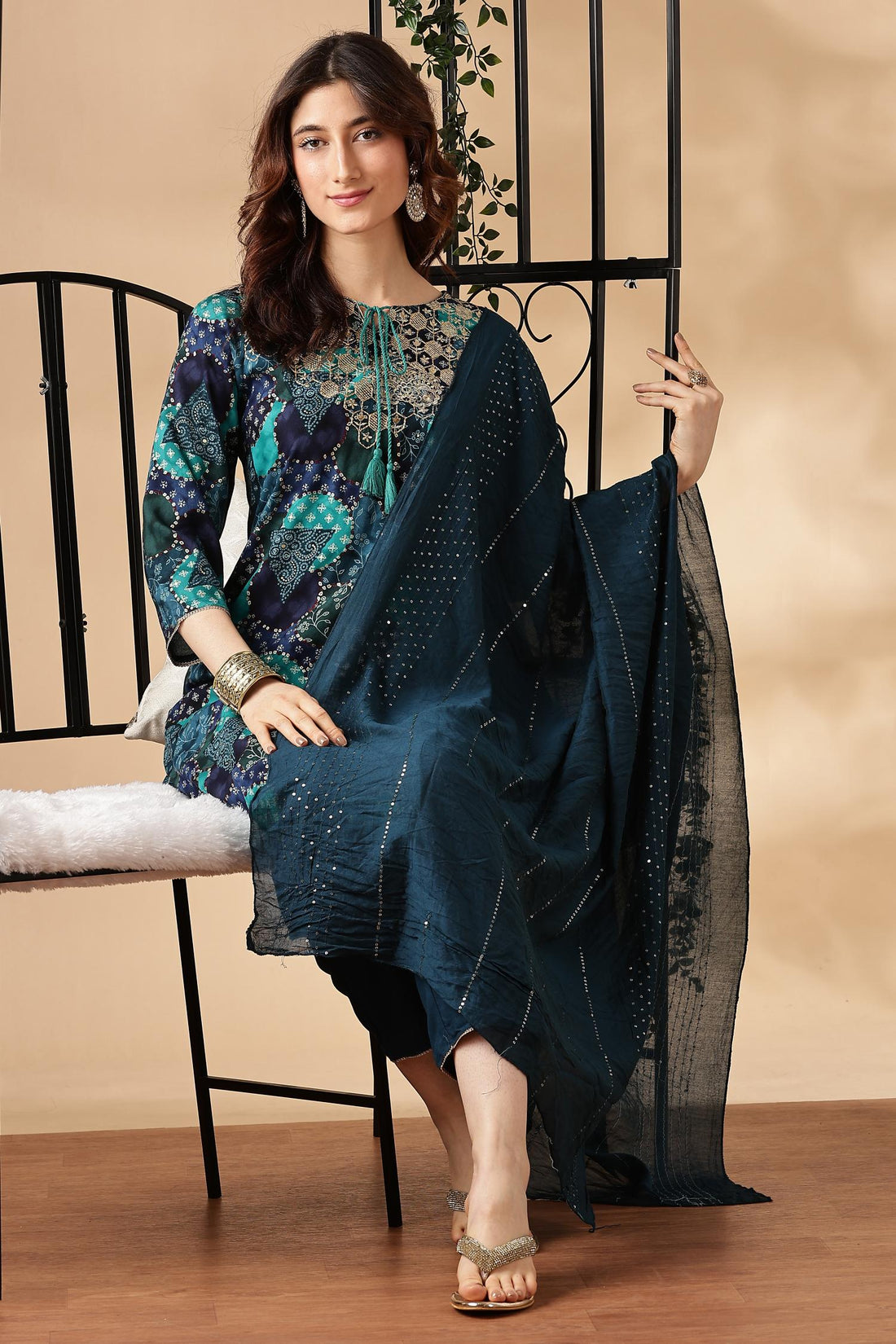 Kamolika Printed Aqua Salwar Suit with Hand Zari Thread Embroidered Neckline in Viscose