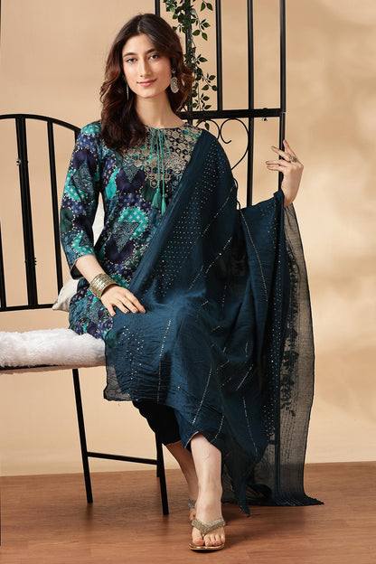 Kamolika Printed Aqua Salwar Suit with Hand Zari Thread Embroidered Neckline in Viscose