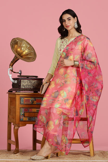 Butter Yellow Chanderi Silk Kurta Set with Resham Zari Floral Embroidered Yoke and Printed Organza Dupatta