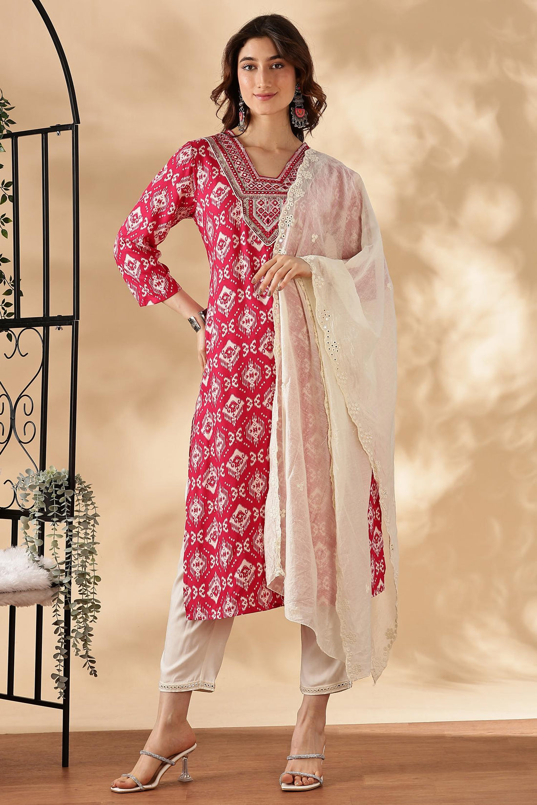Sagarika Printed Red & Off White Salwar Suit with Hand Embroidered Mirror Work Neckline in Viscose