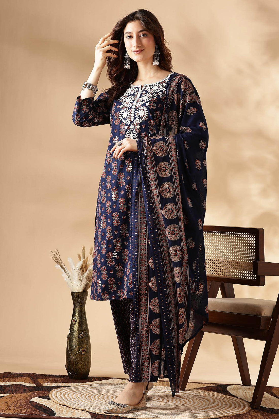 Navy Blue Cotton Kurta Set with Dupatta - BulBul