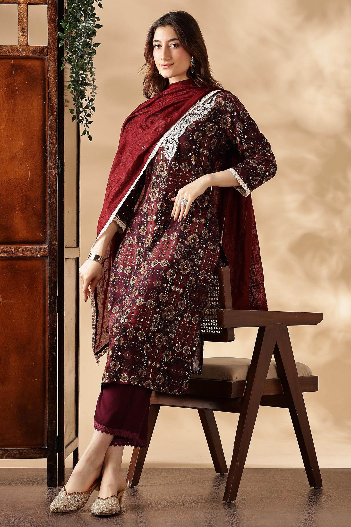Anjali Wine Rayon Kurta Set with Dupatta - BulBul