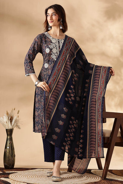 Embroidered Cotton Navy Kurta Set with Dupatta - BulBul