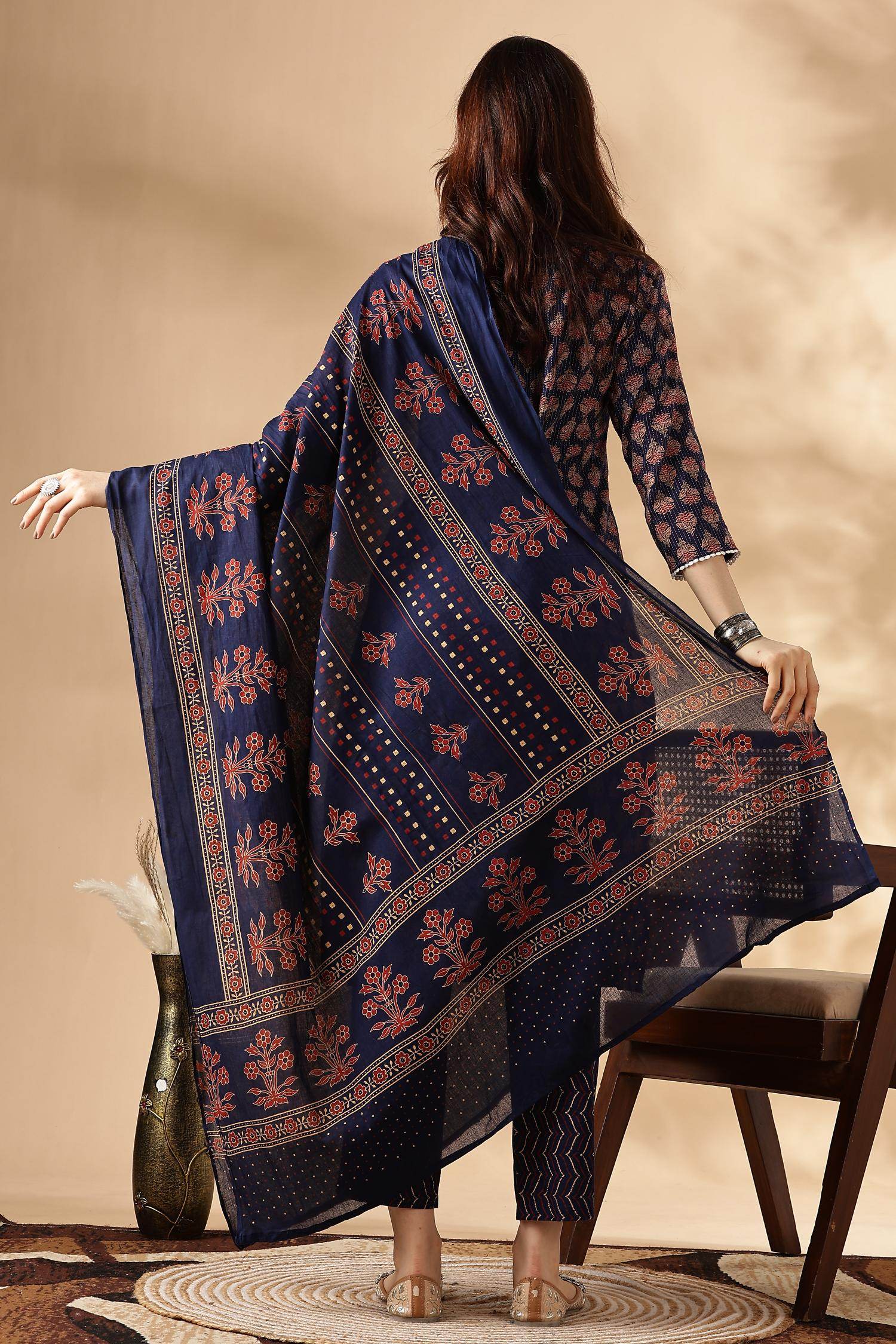 Navy Cotton Abstract Kurta Set with Dupatta - BulBul