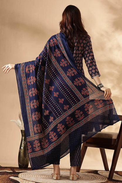 Navy Cotton Abstract Kurta Set with Dupatta - BulBul
