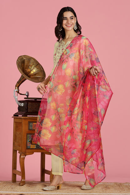 Butter Yellow Chanderi Silk Kurta Set with Resham Zari Floral Embroidered Yoke and Printed Organza Dupatta