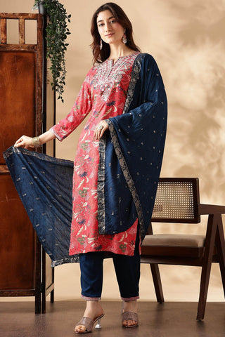Alfina Red Rayon Kurta Set with Dupatta - BulBul