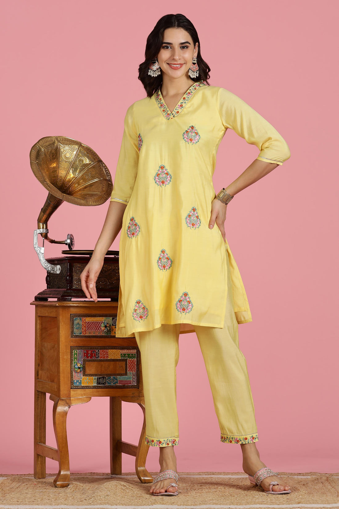 Yellow Chanderi Silk Kurta Set with Resham Floral Embroidery, Zari Highlights and Gota Patti Lace Detailing