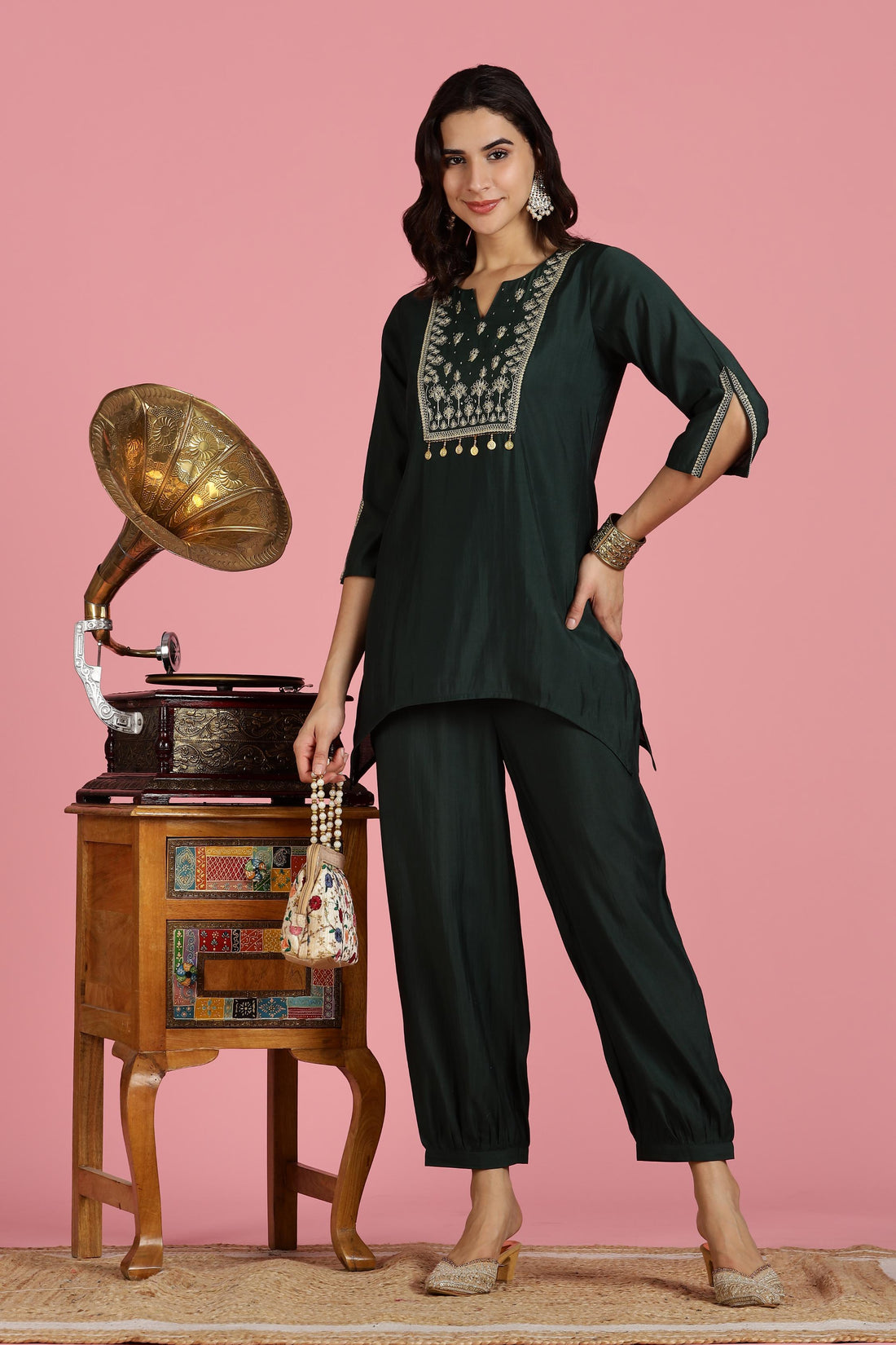 Dark Green Solid Chanderi Silk Kurta Set with Zari Thread Embroidered Yoke and Coin Embellishment Detailing