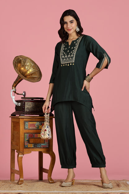 Dark Green Solid Chanderi Silk Kurta Set with Zari Thread Embroidered Yoke and Coin Embellishment Detailing