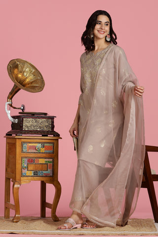 Mocha Mousse Chanderi Silk Kurta Set with Zari Resham Embroidered Yoke and Gold Foil Floral Print with Dupatta