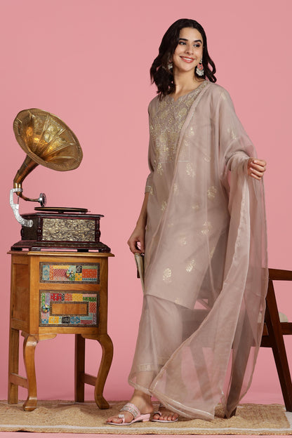 Mocha Mousse Chanderi Silk Kurta Set with Zari Resham Embroidered Yoke and Gold Foil Floral Print with Dupatta