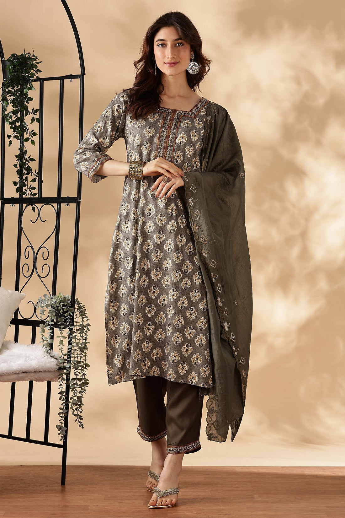 Shamaira Grey Ethnic Printed Salwar Suit with Thread Embroidered Neck Panel in Viscose