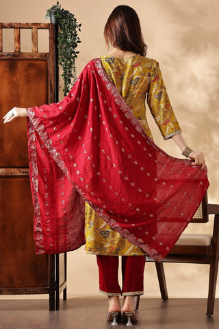Alfina Yellow Rayon Kurta Set with Dupatta - BulBul