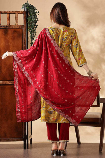 Alfina Yellow Rayon Kurta Set with Dupatta - BulBul