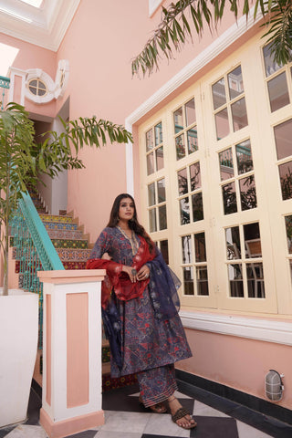 Inaya Chanderi Blue Kurta Set with Dupatta - BulBul