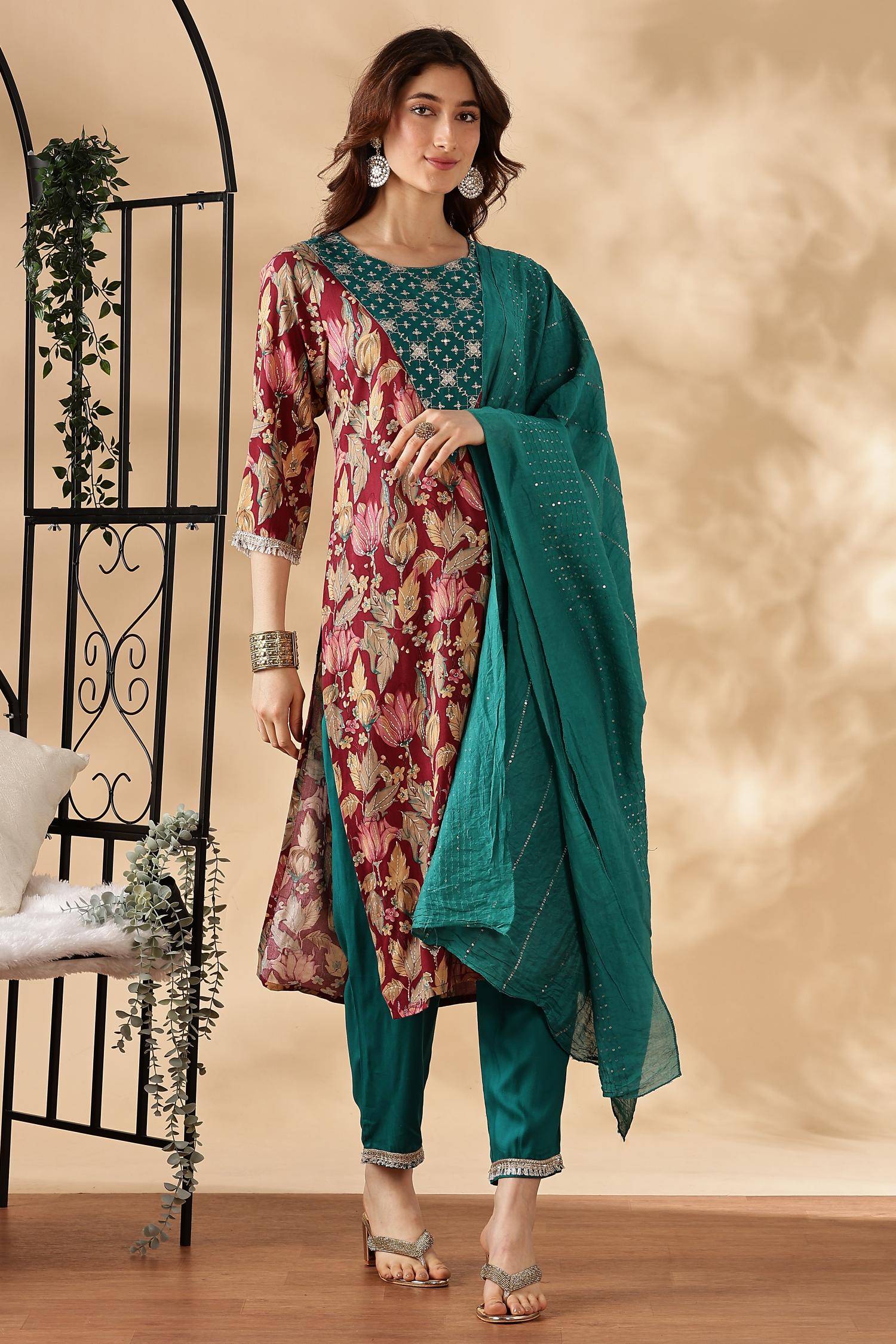 BulBul Areba Printed Olive & Maroon Rayon Salwar Suit