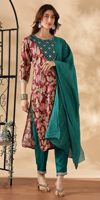 BulBul Areba Printed Olive & Maroon Rayon Salwar Suit