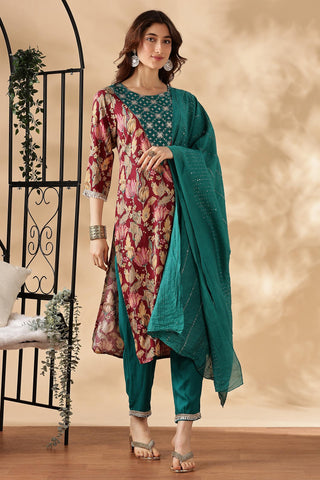 Areba Olive & Maroon Printed Salwar Suit with Intricate Zari Lattice Hand Embroidery Neck Panel in Viscose
