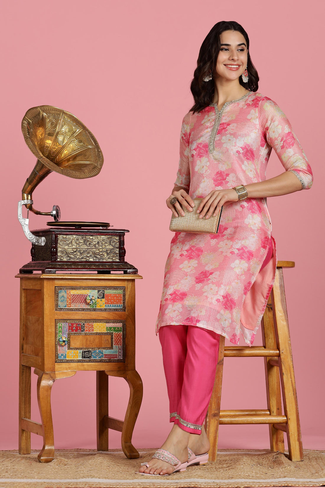 Blush Pink Floral Kota Doriya Kurta Set with Zari & Sequin Hand Embellished Neckline and Cotton Mul Lining