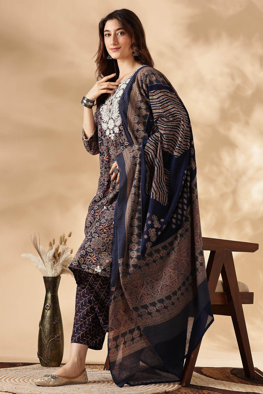 Cotton Navy Kurta Set with Dupatta - BulBul