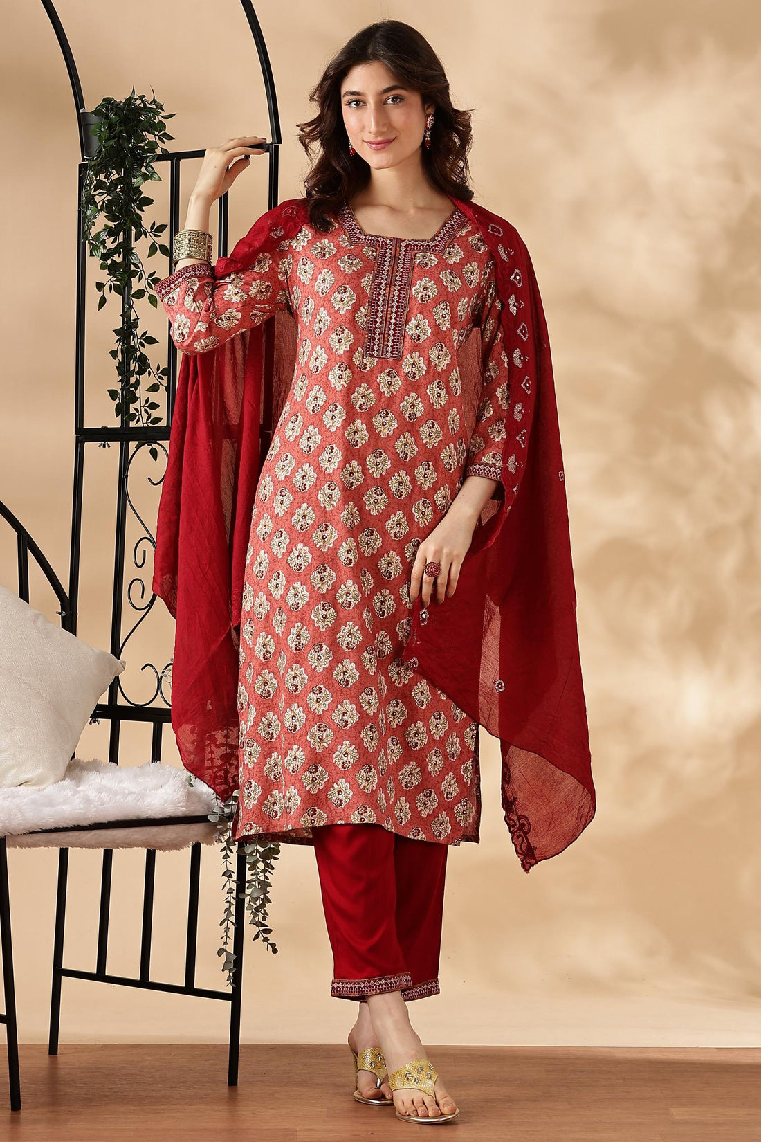 Shamaira Rust Ethnic Printed Salwar Suit with Thread Embroidered Neck Panel in Viscose