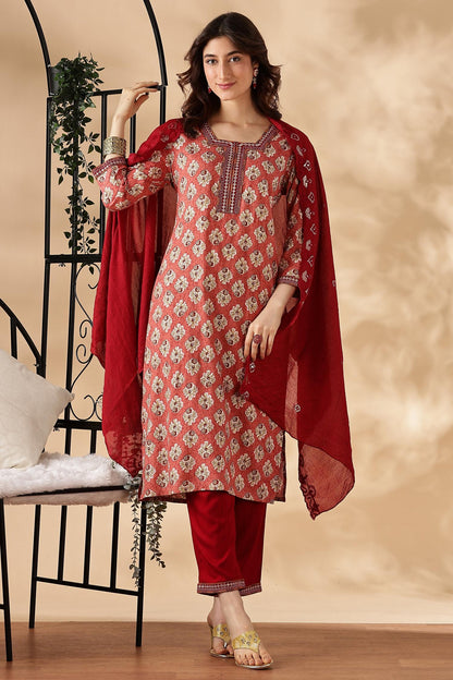 Shamaira Rust Ethnic Printed Salwar Suit with Thread Embroidered Neck Panel in Viscose