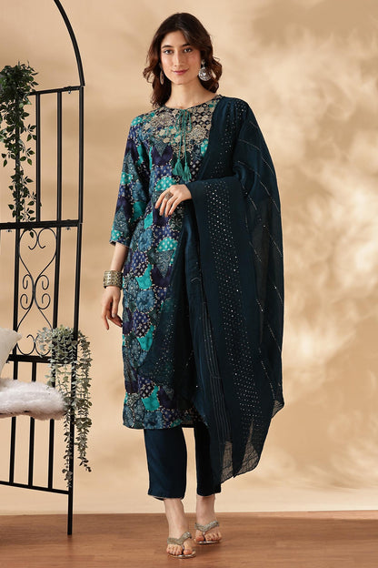 Kamolika Printed Aqua Salwar Suit with Hand Zari Thread Embroidered Neckline in Viscose