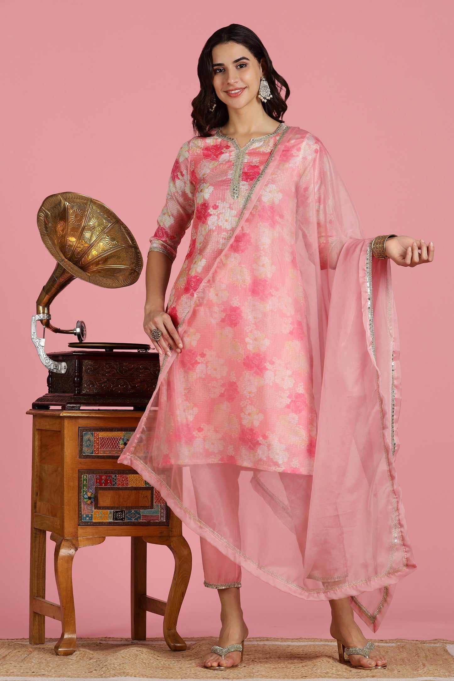 Women Peach Kota Doriya Kurta Set with Dupatta