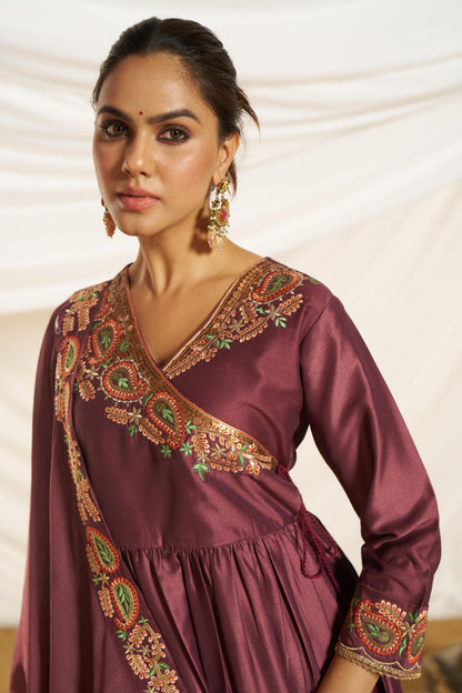 Kayra Wine Paisley Hand-Embroidered & Coin Sequin Work Angrakha Suit Set in Chinnon Silk with Cotton Mul Lining
