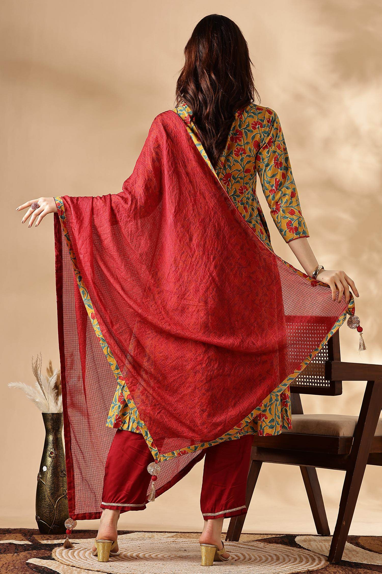 Anupama Cotton Mustard Kurta Set with Dupatta - BulBul