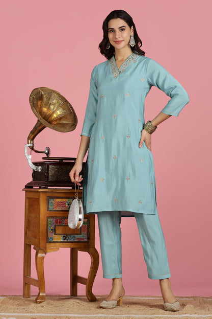 Sky Blue Chanderi Silk Kurta Set with Zari Embroidered Neckline, Sequin Detailing and Cotton Mul Lining
