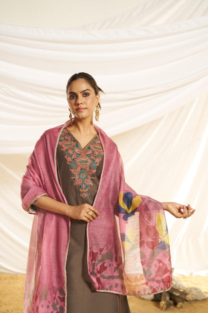 Kayra Brown Hand Bead-Finished Embroidered A-Line Suit Set in Chinnon Silk with Pure Cotton Mul Lining
