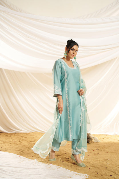 Kayra Aqua Hand Aari Embroidered A-Line Suit Set in Chinnon Silk with Pure Cotton Mul Lining