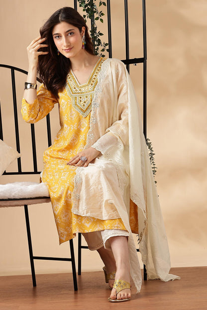 Sagarika Printed Yellow & Off White Salwar Suit with Hand Embroidered Mirror Work Neckline in Viscose