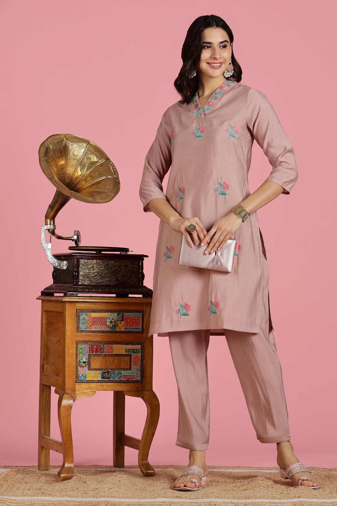 The Suitable Blush Pink Chanderi Silk Kurta Set for Women | Floral Kurta with Zari & Sequin Hand Embellished Neckline | Cotton Mul Lining | Straight Kurta Pant with Dupatta | Festive Ethnic Suit Set