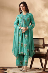 Karishma Green Floral Printed Pure Cotton Kurta Set with Lace-Detail Neckline and Dupatta