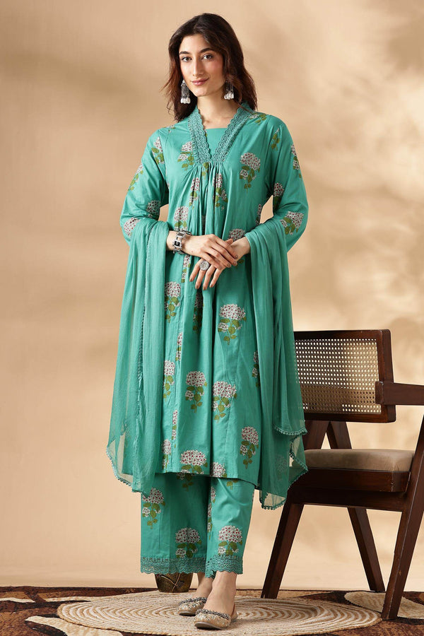Karishma Cotton Green Kurta Set with Dupatta - BulBul