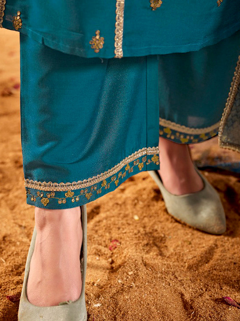 BulBul Women Kayra Teal Embroidered Premium Silk Suit With Dupatta