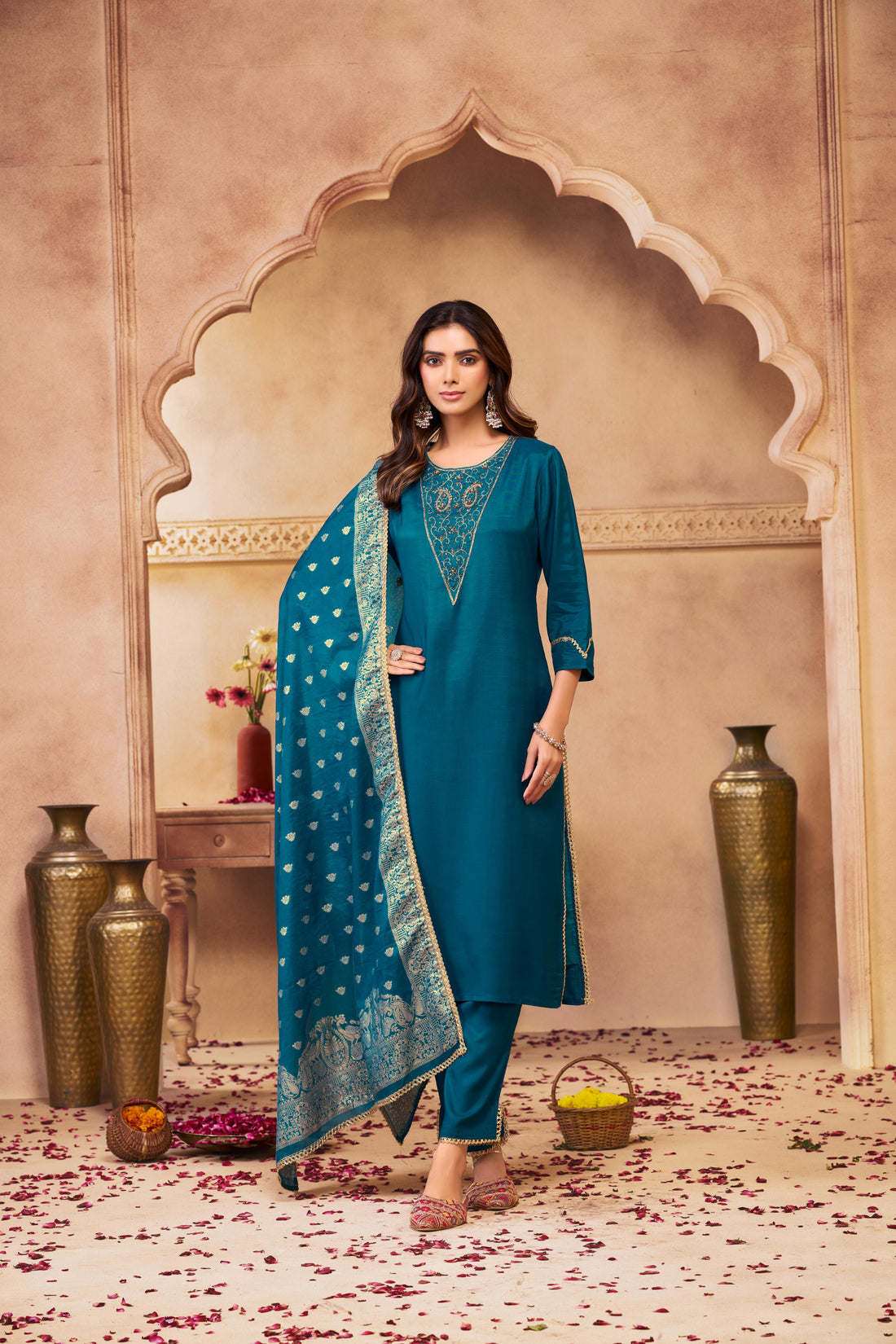 Adab Teal Hand Beaded, Sequin & Glass Bugle Embellished Suit Set with Jacquard Dupatta in Pure Muslin with Pure Cotton Mul Lining