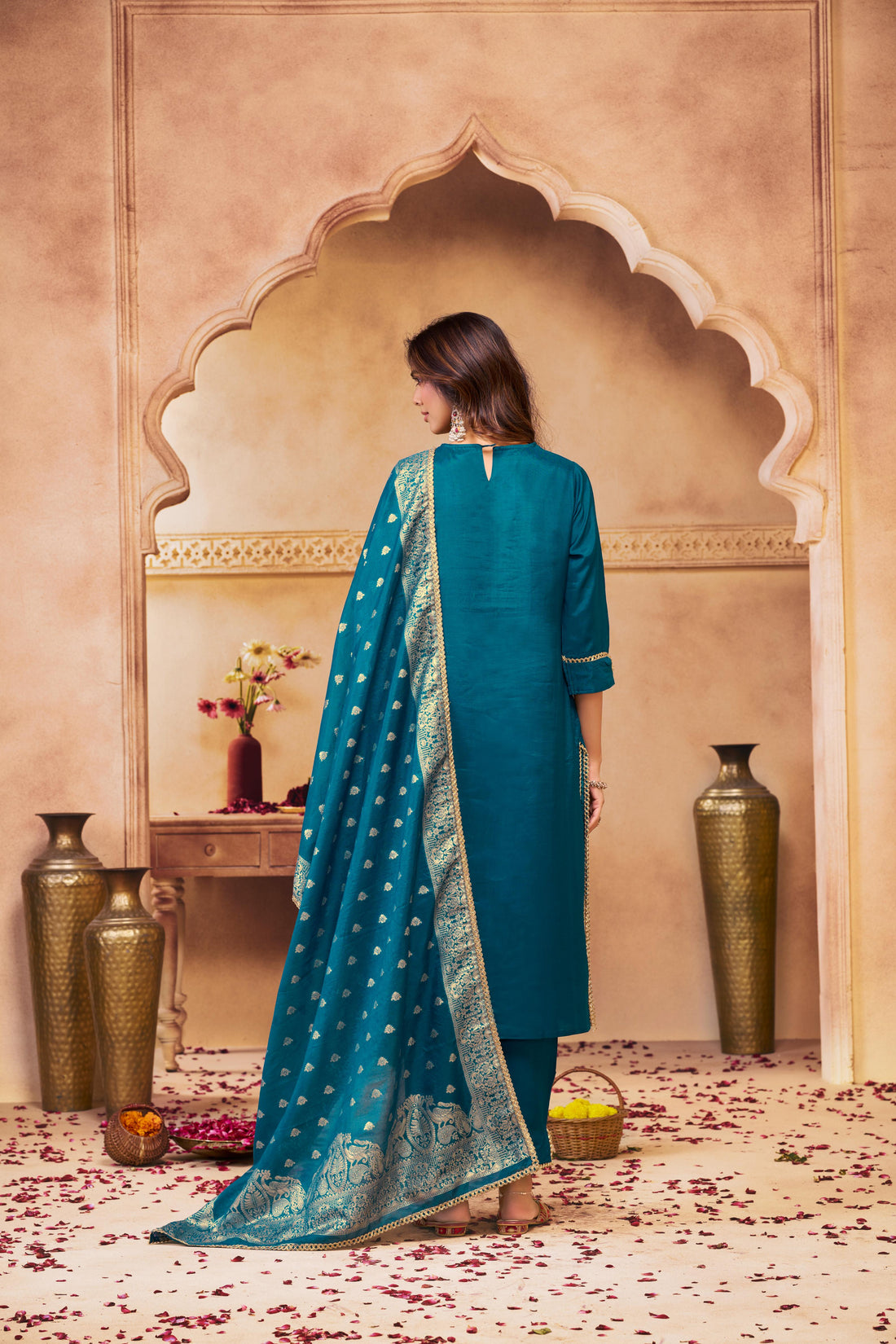 Adab Teal Hand Beaded, Sequin & Glass Bugle Embellished Suit Set with Jacquard Dupatta in Pure Muslin with Pure Cotton Mul Lining