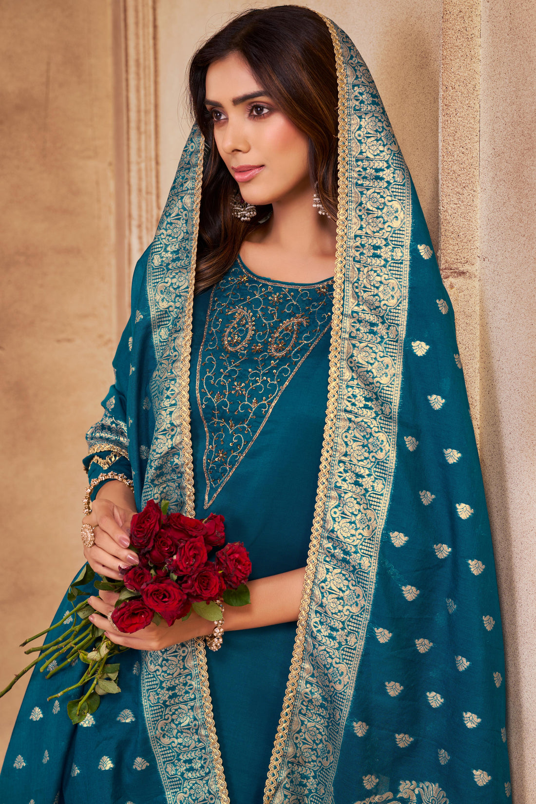 Adab Teal Hand Beaded, Sequin & Glass Bugle Embellished Suit Set with Jacquard Dupatta in Pure Muslin with Pure Cotton Mul Lining