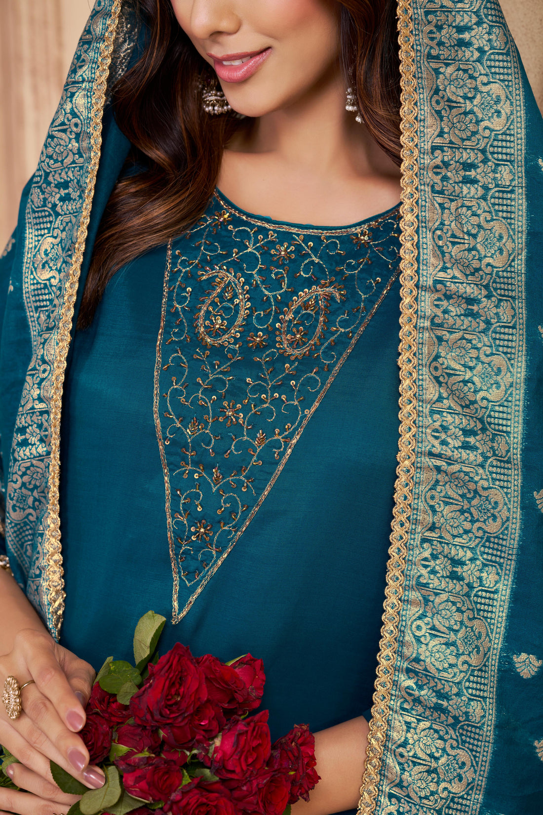 Adab Teal Hand Beaded, Sequin & Glass Bugle Embellished Suit Set with Jacquard Dupatta in Pure Muslin with Pure Cotton Mul Lining