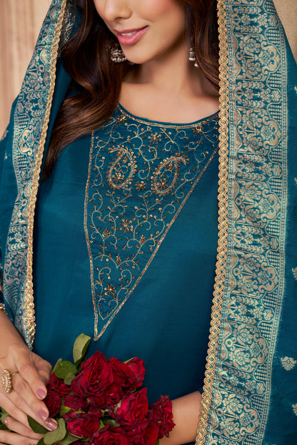 Adab Teal Hand Beaded, Sequin & Glass Bugle Embellished Suit Set with Jacquard Dupatta in Pure Muslin with Pure Cotton Mul Lining