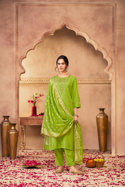 Adab Green Hand Beaded, Sequin & Glass Bugle Embellished Suit Set with Jacquard Dupatta in Pure Muslin with Pure Cotton Mul Lining
