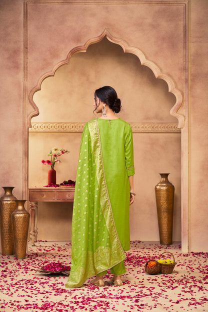 Adab Green Hand Beaded, Sequin & Glass Bugle Embellished Suit Set with Jacquard Dupatta in Pure Muslin with Pure Cotton Mul Lining