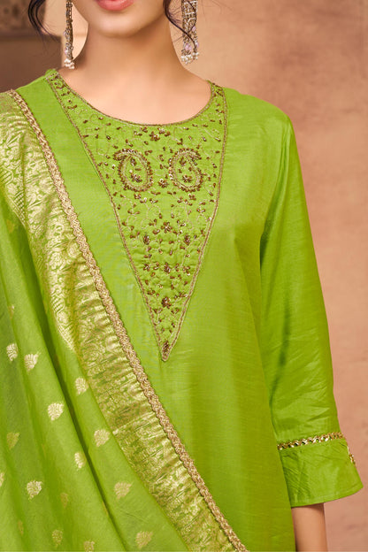 Adab Green Hand Beaded, Sequin & Glass Bugle Embellished Suit Set with Jacquard Dupatta in Pure Muslin with Pure Cotton Mul Lining