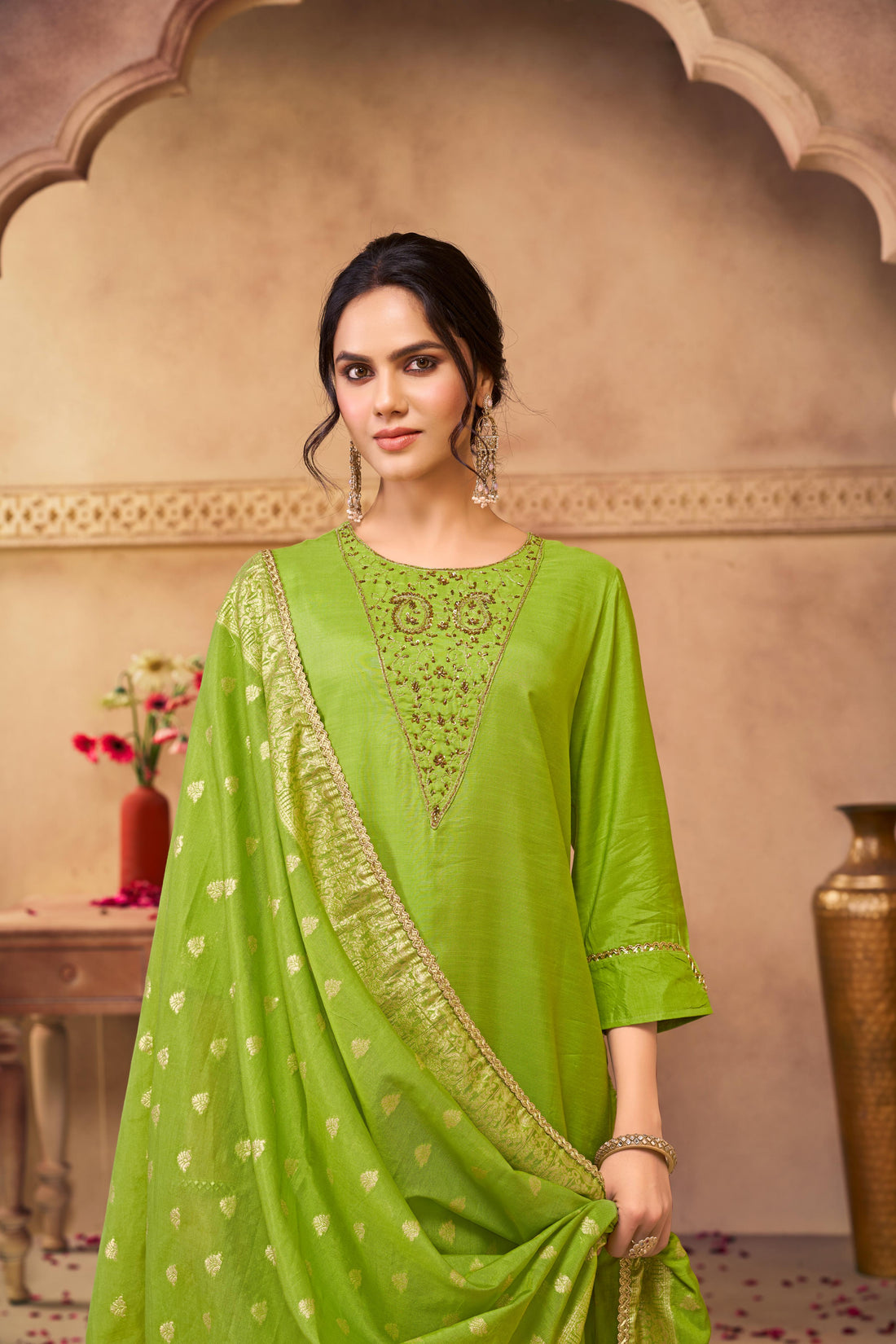 Adab Green Hand Beaded, Sequin & Glass Bugle Embellished Suit Set with Jacquard Dupatta in Pure Muslin with Pure Cotton Mul Lining