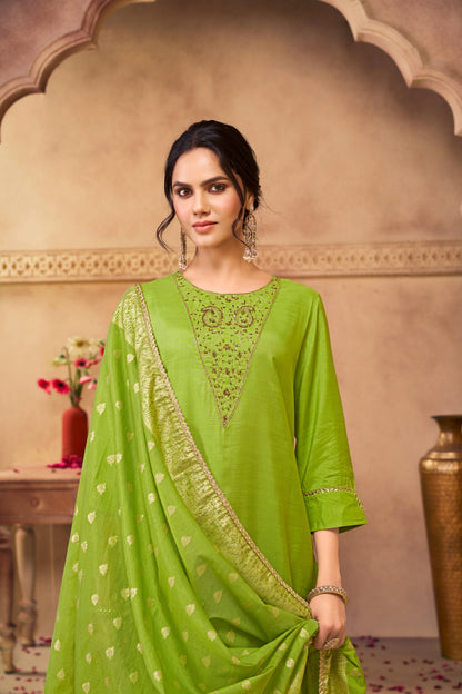 Adab Green Hand Beaded, Sequin & Glass Bugle Embellished Suit Set with Jacquard Dupatta in Pure Muslin with Pure Cotton Mul Lining